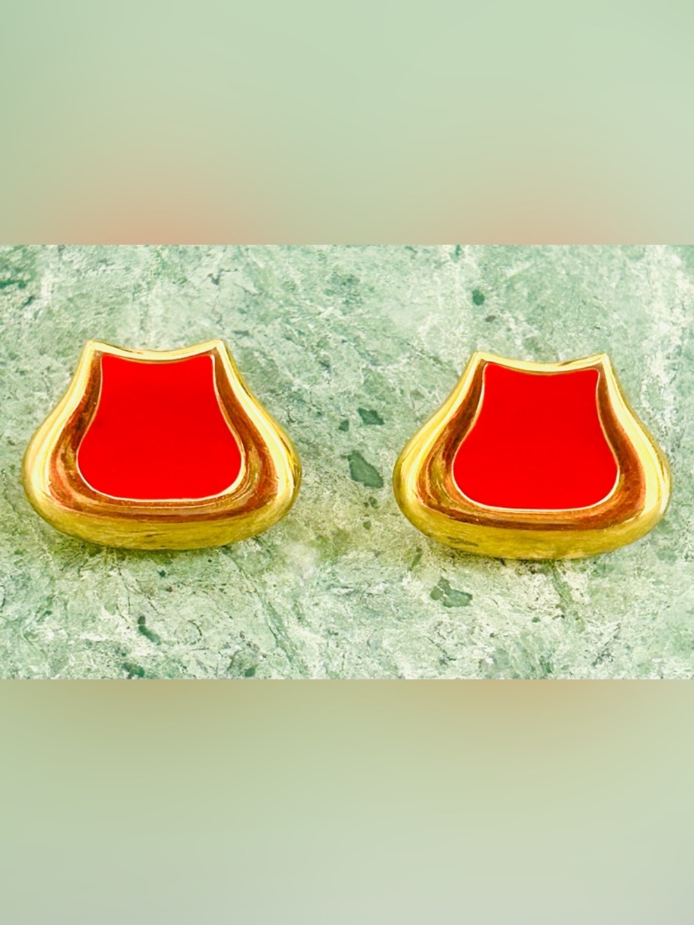 Vintage Monet Red Enamel gold plated Clip-OnEarrings 70- 80s Statement - Picture 9 of 9